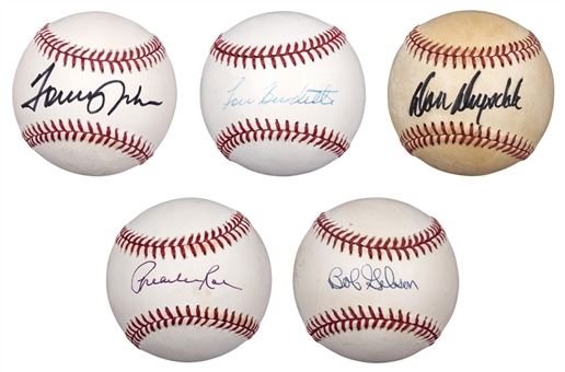 Lot of (5) Single Signed Baseballs - Bob Gibson, Don Drysdale, Lew Burdette, Preacher Roe and Tommy John (PSA/DNA)